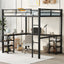 Full metal loft bed with desk and shelf, loft bed with ladder and guardrail, black with retro wood desk - Korvel