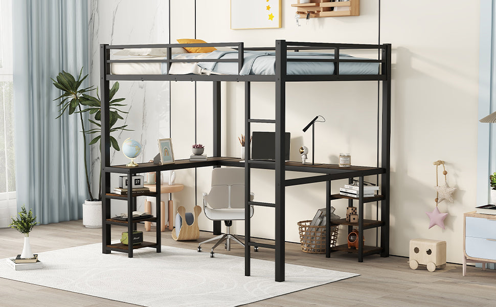 Full metal loft bed with desk and shelf, loft bed with ladder and guardrail, black with retro wood desk - Korvel