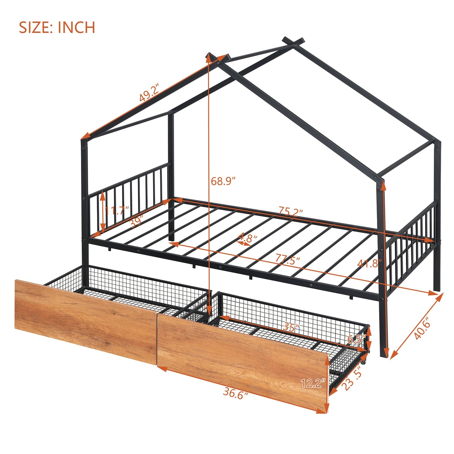Twin Size Metal House Bed with Two Drawers - Black