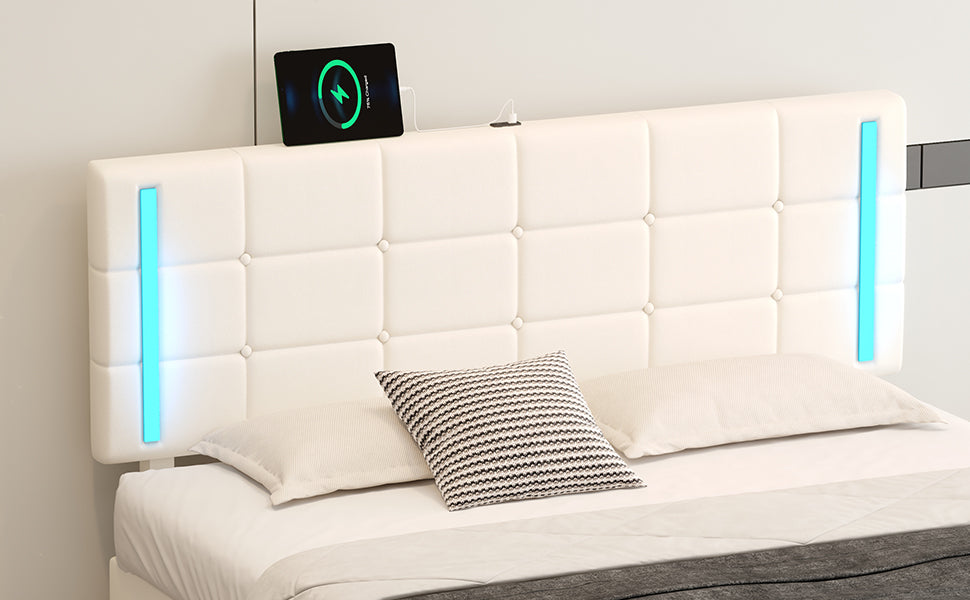 Queen Size Upholstered Bed with LED Lights Hydraulic Storage System and USB Charging Station White - Korvel