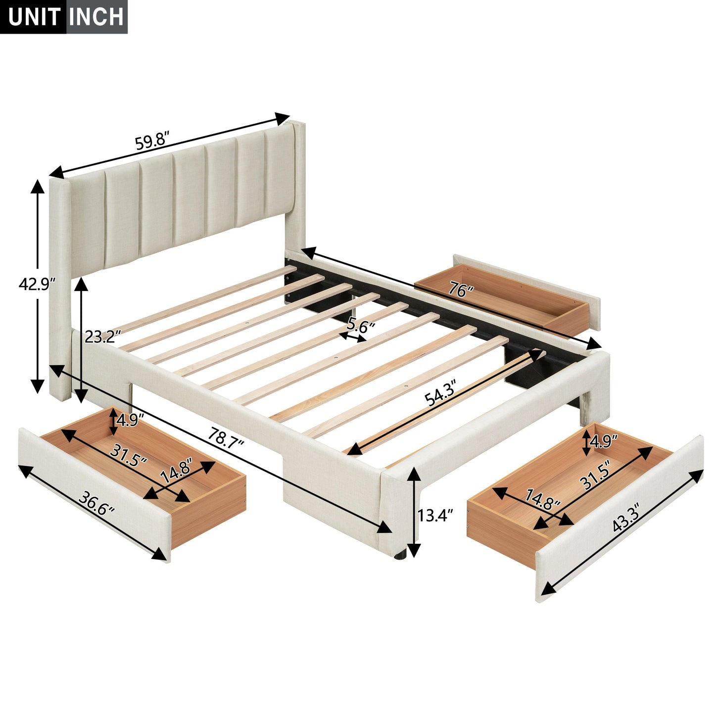 Full Size Upholstered Platform Bed with One Large Drawer in the Footboard and Drawer on Each Side Beige - Korvel
