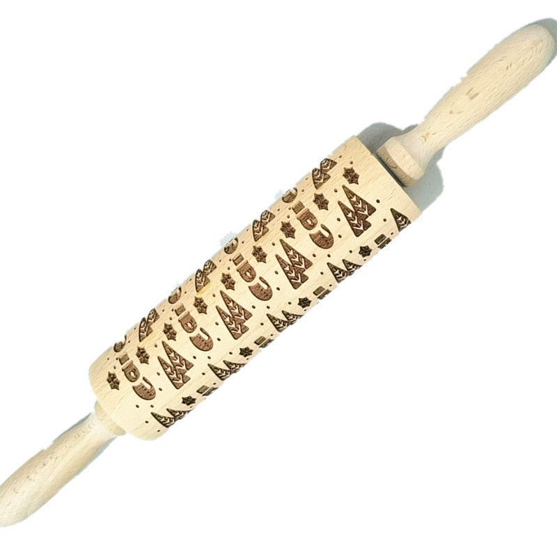 Wooden Rolling Pin Beech Wood Laser Engraved Printing Rolling Pin Christmas Flip Sugar Cookie Pressing Stick - Korvel