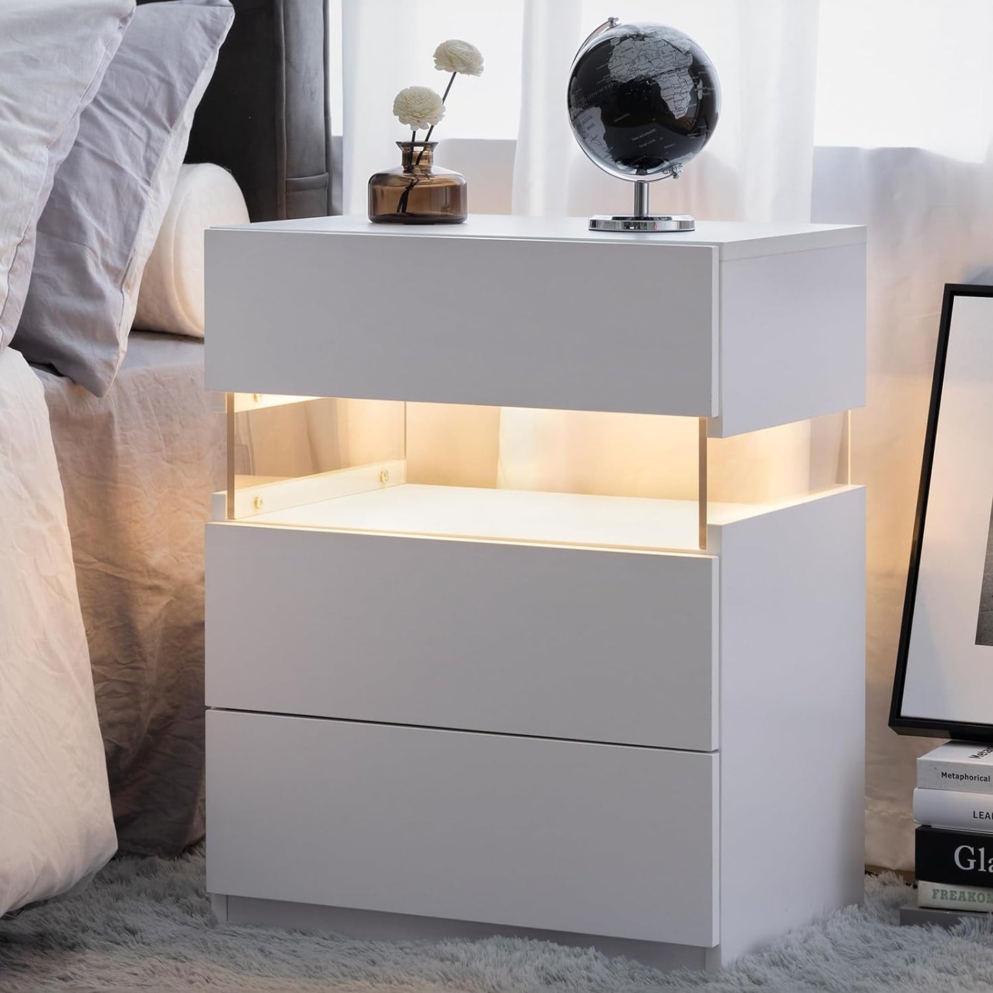 LED bedside table, bedroom, three drawers, dressing table, acrylic board, bedside furniture (white) - Korvel