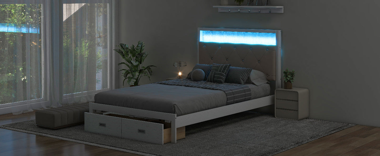 Wood Full Size Platform Bed with Upholstered Headboard and LED and 2 Drawers, Antique White - Korvel