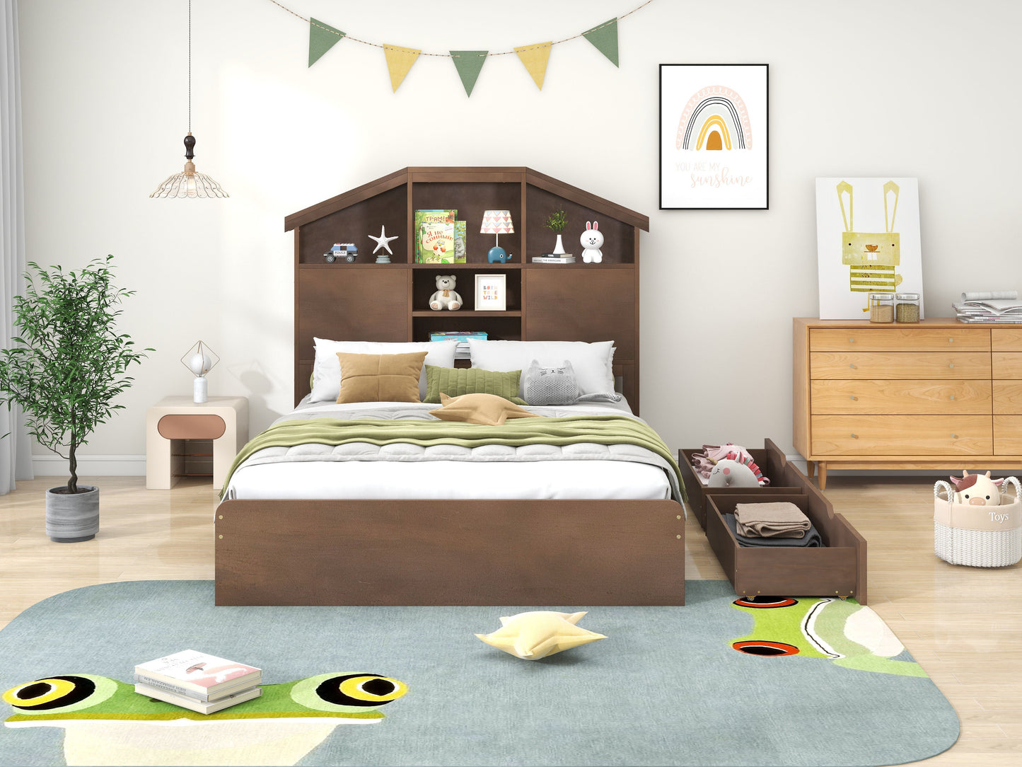 Cama Plataforma de Madera de Nogal de Tamaño Completo con Cabecera de Almacenamiento