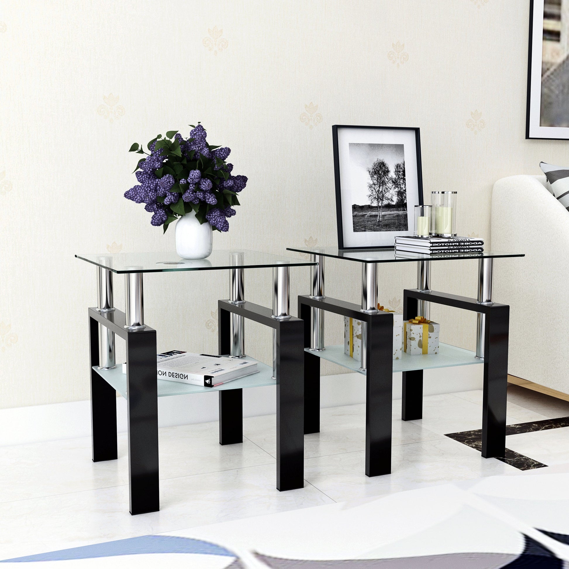 Set of 2, Modern Tempered Glass Tea Table Coffee Table End Table, Square Table for Living Room, Transparent/Black - Korvel
