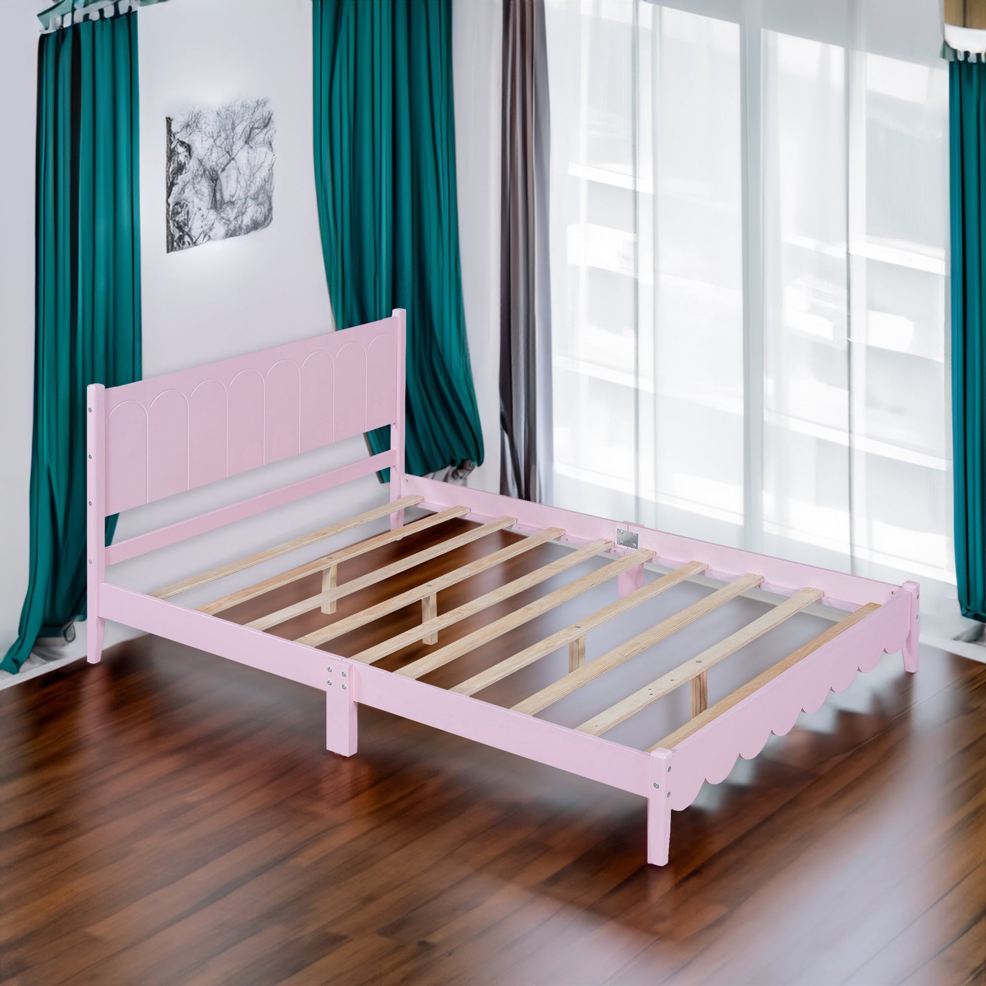 Queen Size Wood Platform Bed Frame, Retro Style Bed with Rectangular Headboard,No Need Box Spring,Pink - Korvel