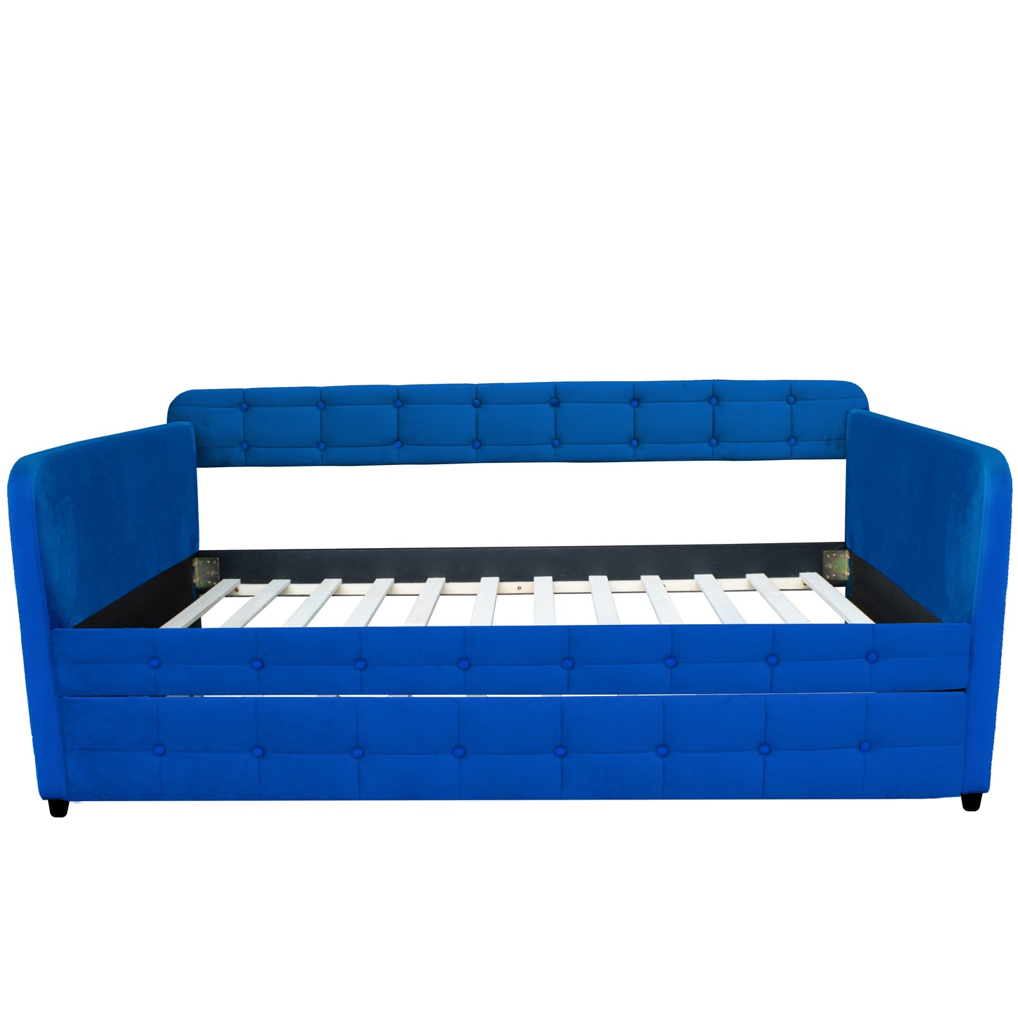 Blue padded twin beds with wheels, velvet fabric, no need for springs - Korvel