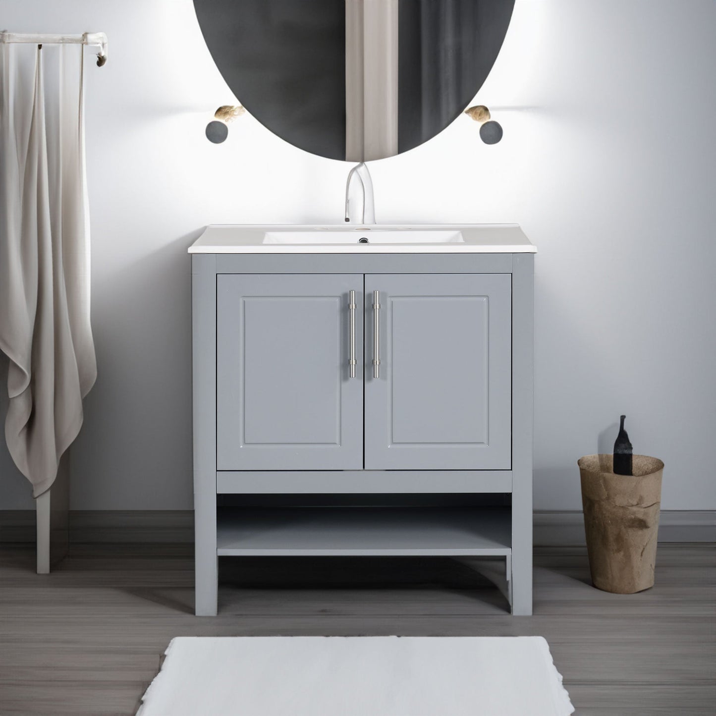 30" Bathroom Vanity with Sink, Multi-functional Bathroom Cabinet with Doors and Drawers, Solid Frame and MDF Board, Grey - Korvel