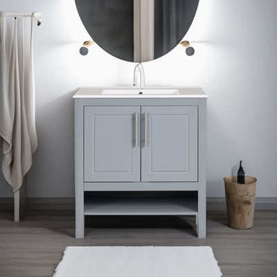 30" Bathroom Vanity with Sink, Multi-functional Bathroom Cabinet with Doors and Drawers, Solid Frame and MDF Board, Grey - Korvel