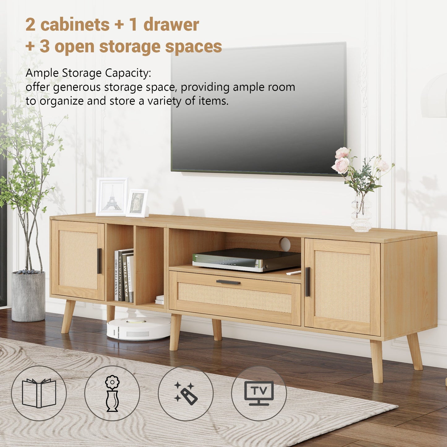 Vine TV stand with 2 cabinets and 2 open shelves, suitable for TVs under 80 inches, with solid wood legs for TV cabinets - Korvel