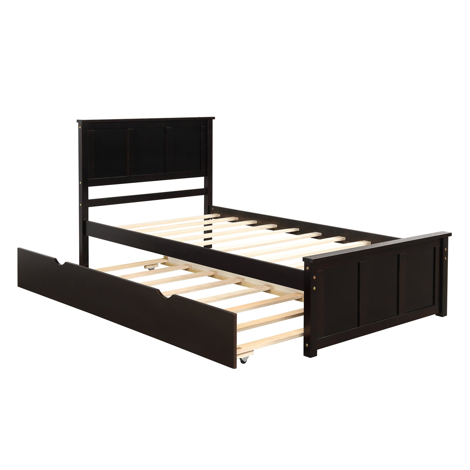 Platform Bed with Twin Size Trundle, Twin Size Frame, Espresso - Korvel