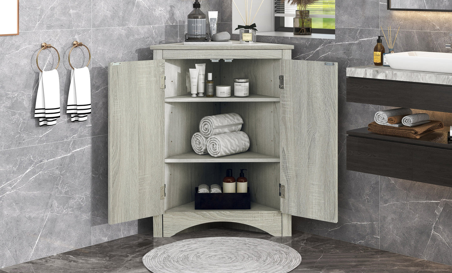 Oak Triangle Bathroom Storage Cabinet with Adjustable Shelves, Freestanding Floor Cabinet for Home Kitchen - Korvel