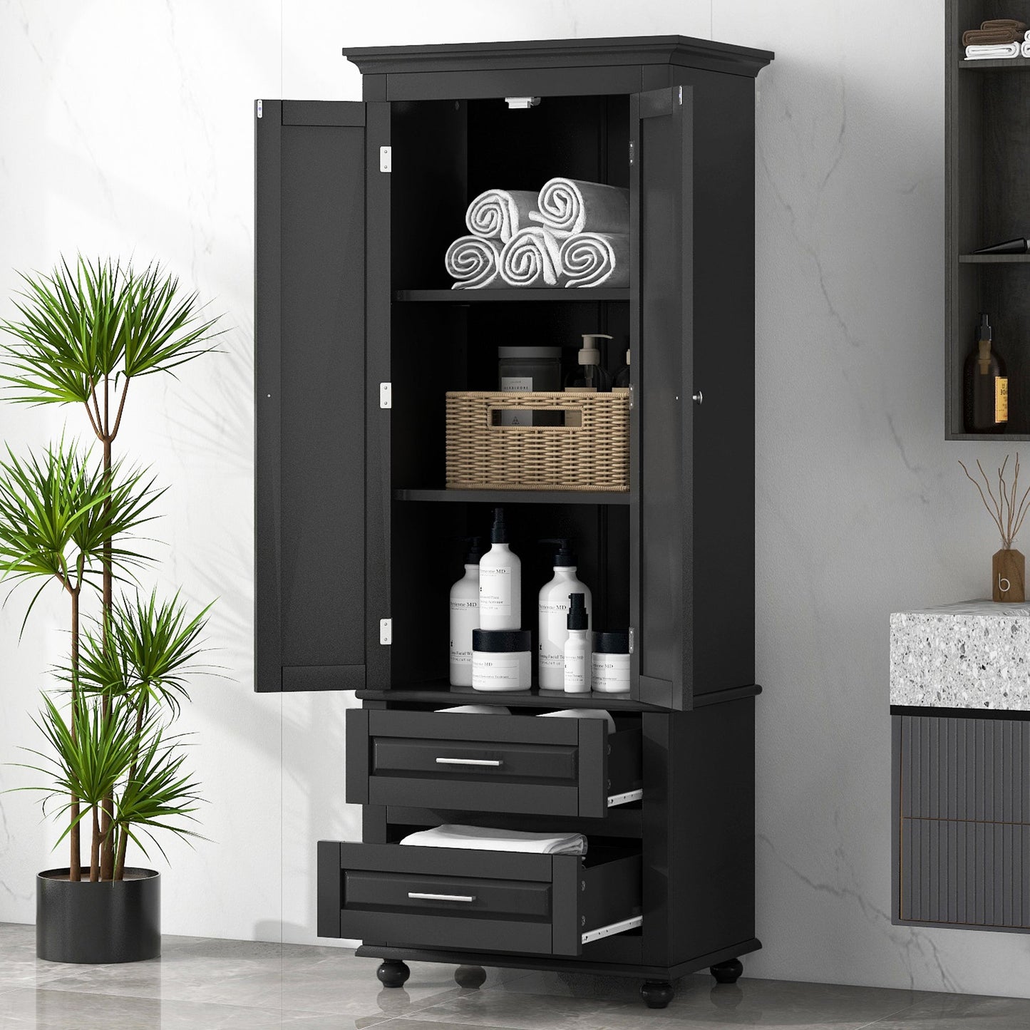 Tall Storage Cabinet with Two Drawers for Bathroom/Office, Black - Korvel