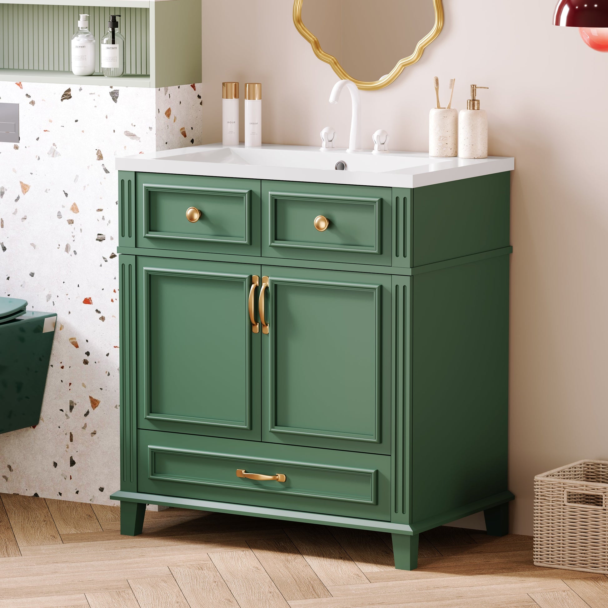 30 inch uncovered bathroom vanity with soft closed door, limited to solid wood frame bathroom storage cabinet green - Korvel