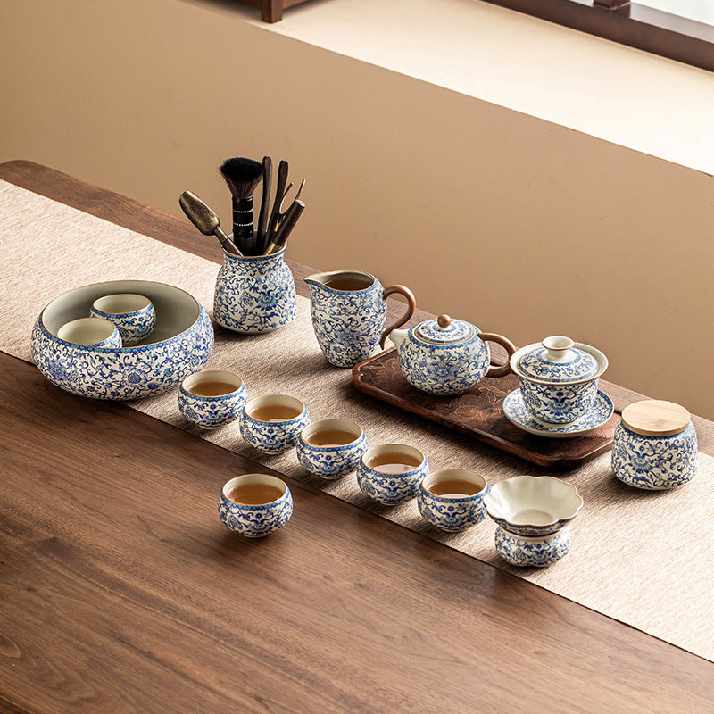 Kung Fu tea set blue and white lotus tea pot fair cup tea can ceramic lid bowl - Korvel