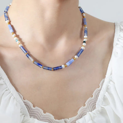 Freshwater Pearl and Titanium Steel Geometric Bead Necklace