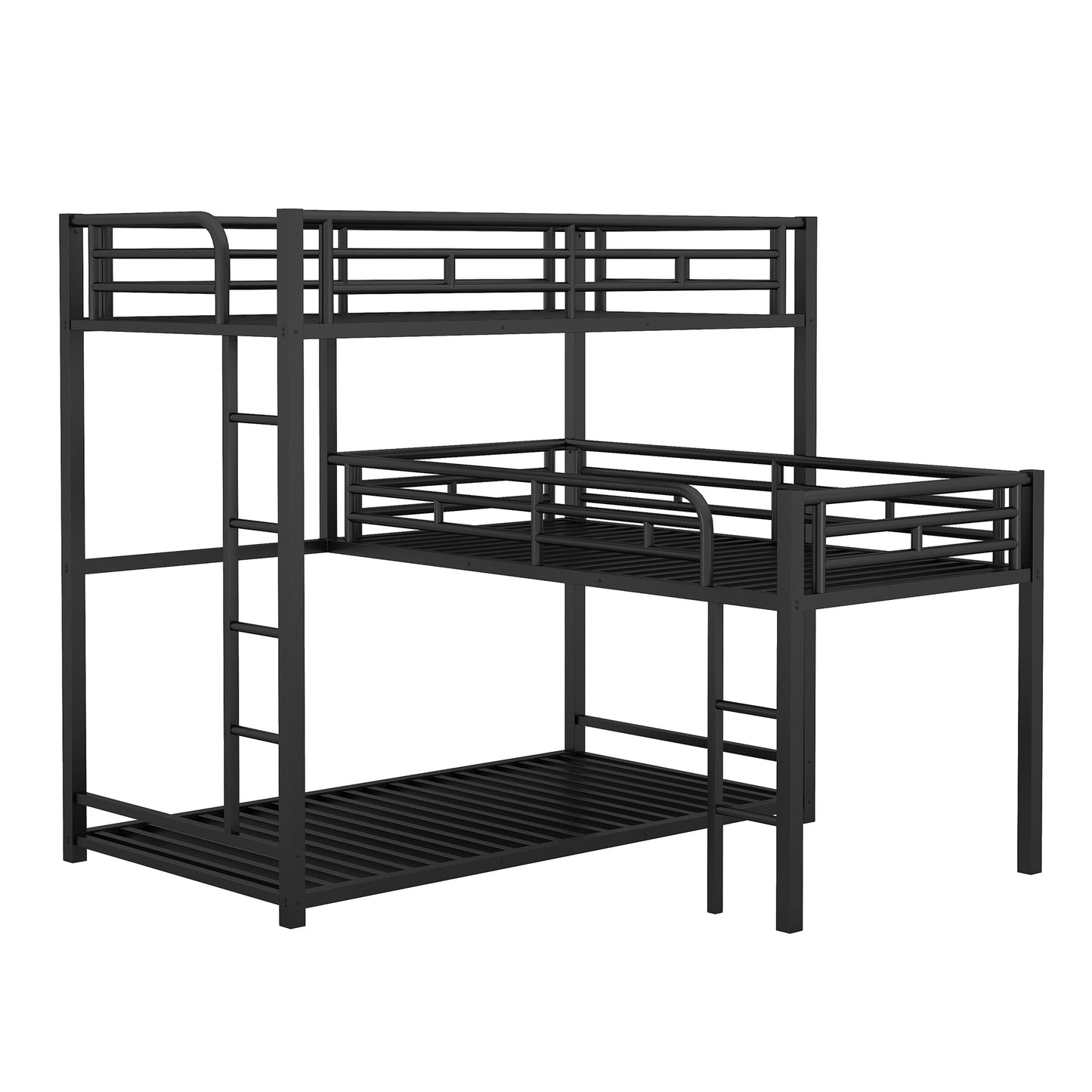 L-shaped Metal Triple Twin Size Bunk Bed, Black - Korvel