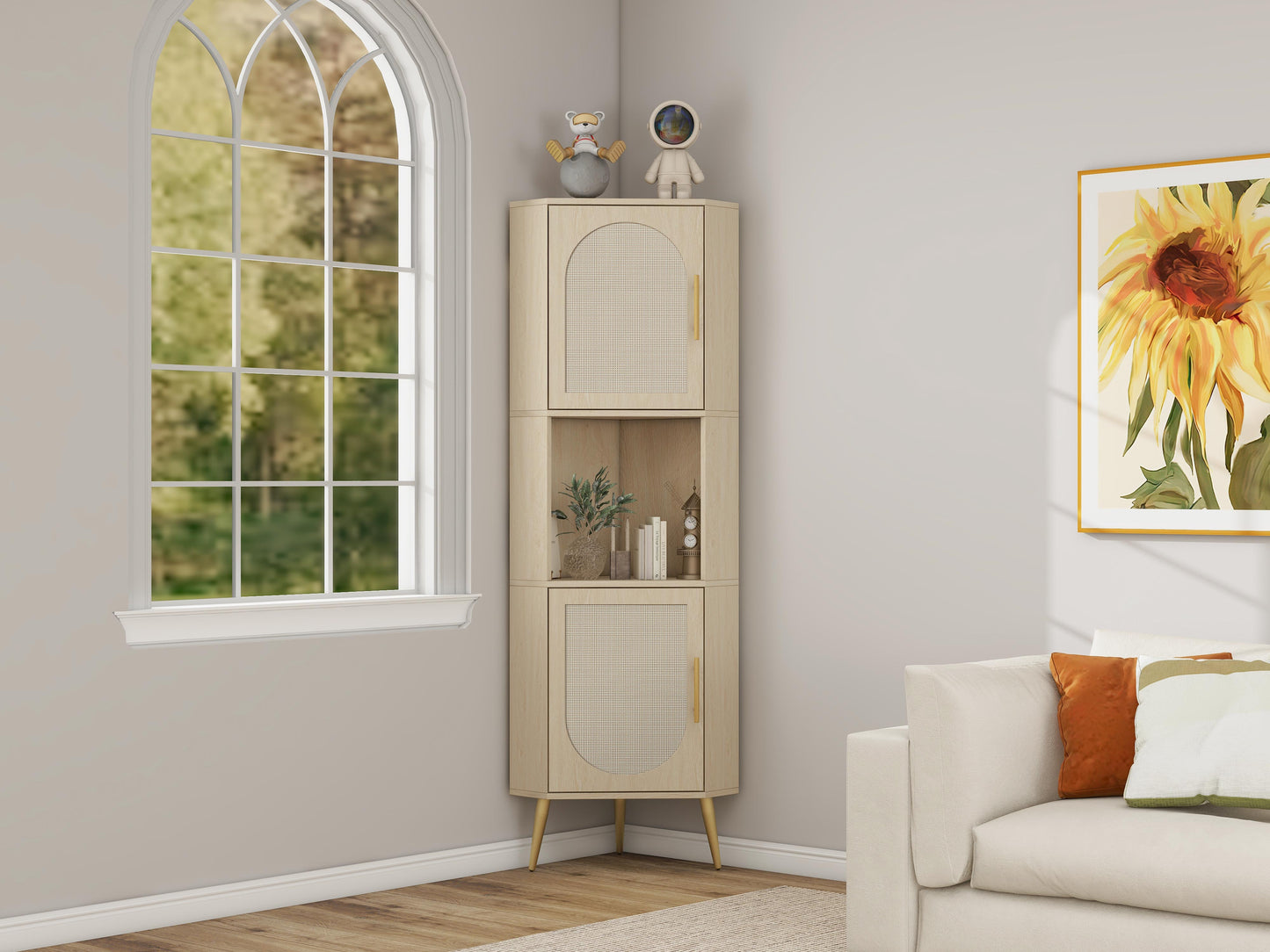 Corner cabinet ,Rattan door,Freestanding Corner Tables For Small Spaces, Corner Shelf Stand For Living Room, Kitchen, Bathroom - Korvel