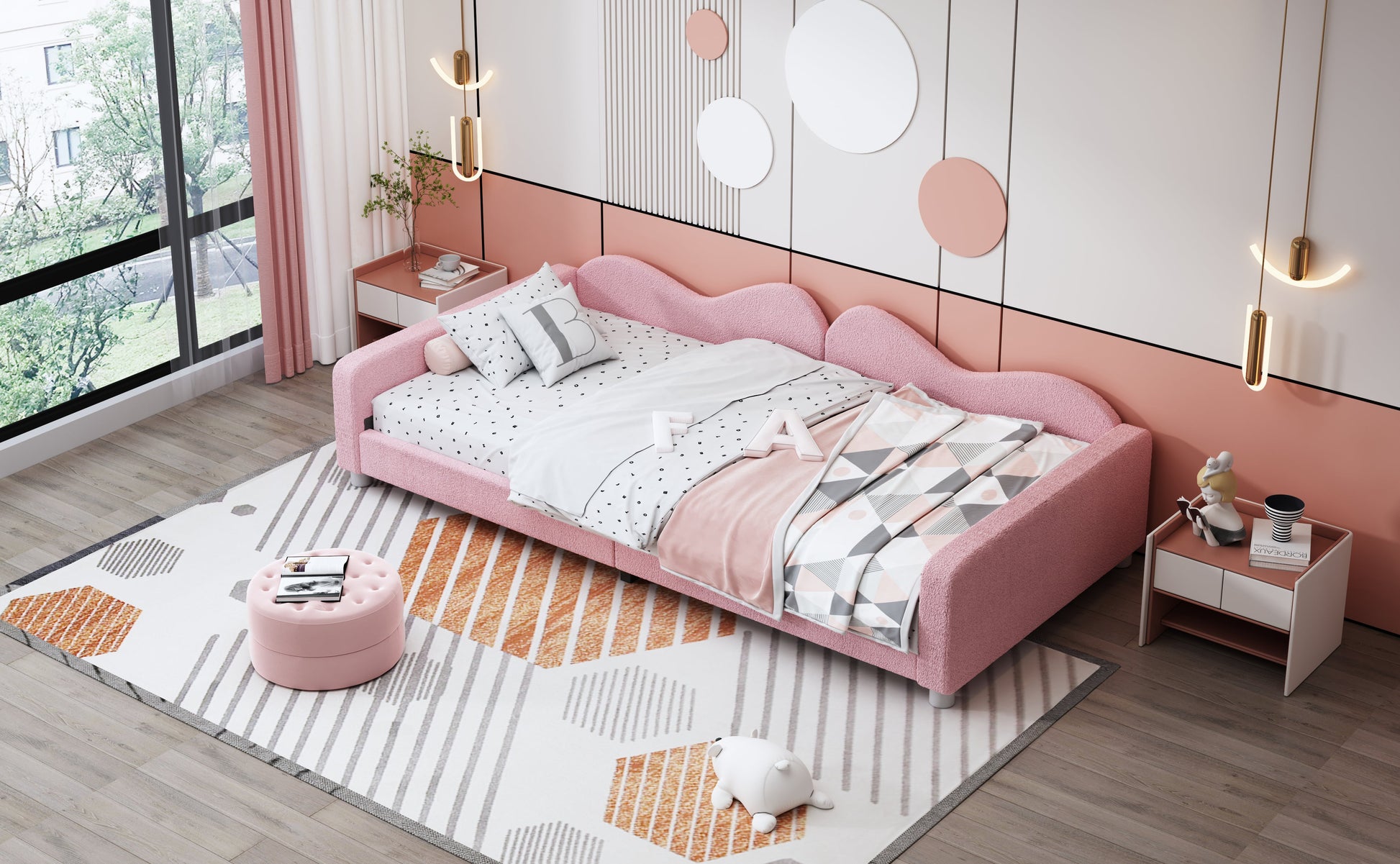 Twin size Upholstered Daybed, Sherpa Fabric Sofabed with Cloud-Shaped Backrest, No Box-spring Needed, Pink - Korvel