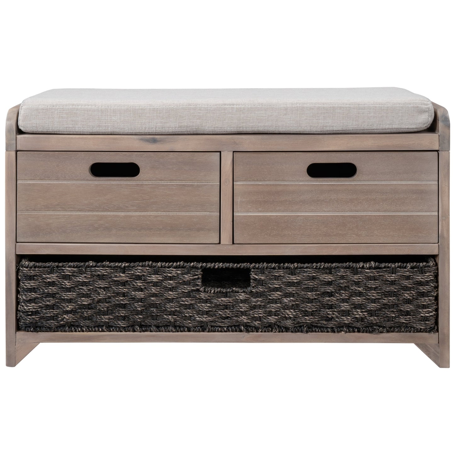 TREXM Storage Bench with Removable Basket and 2 Drawers, Fully Assembled Shoe Bench with Removable Cushion (White Washed) - Korvel