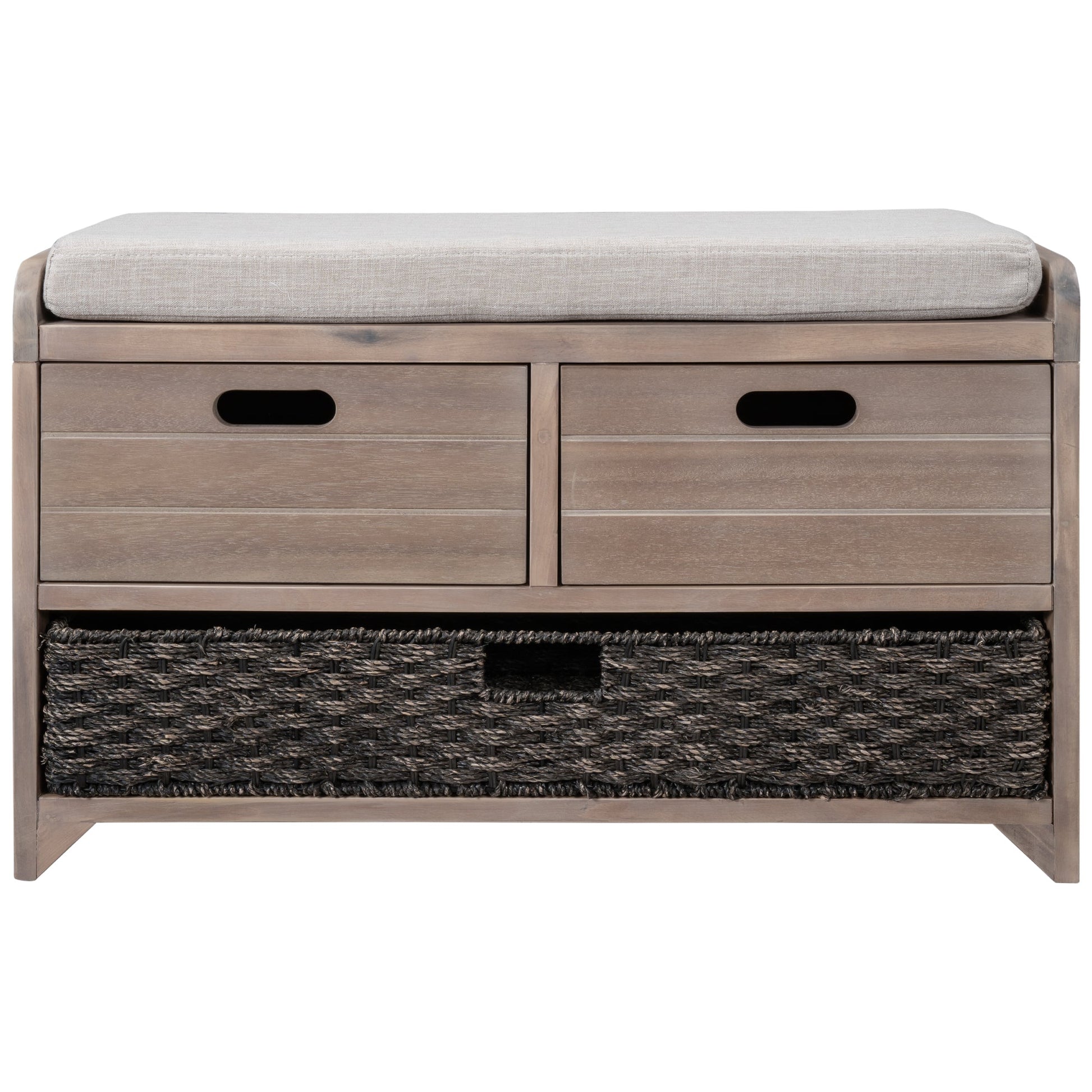 TREXM Storage Bench with Removable Basket and 2 Drawers, Fully Assembled Shoe Bench with Removable Cushion (White Washed) - Korvel