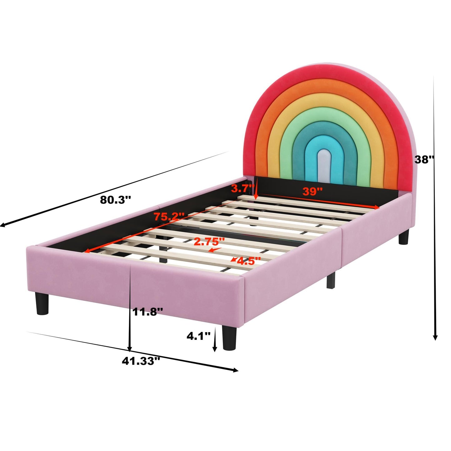 Rainbow Design Upholstered Twin Platform Bed Cute Style Princess Bed for Boys & Girls, Teens, Colorful & Pink - Korvel