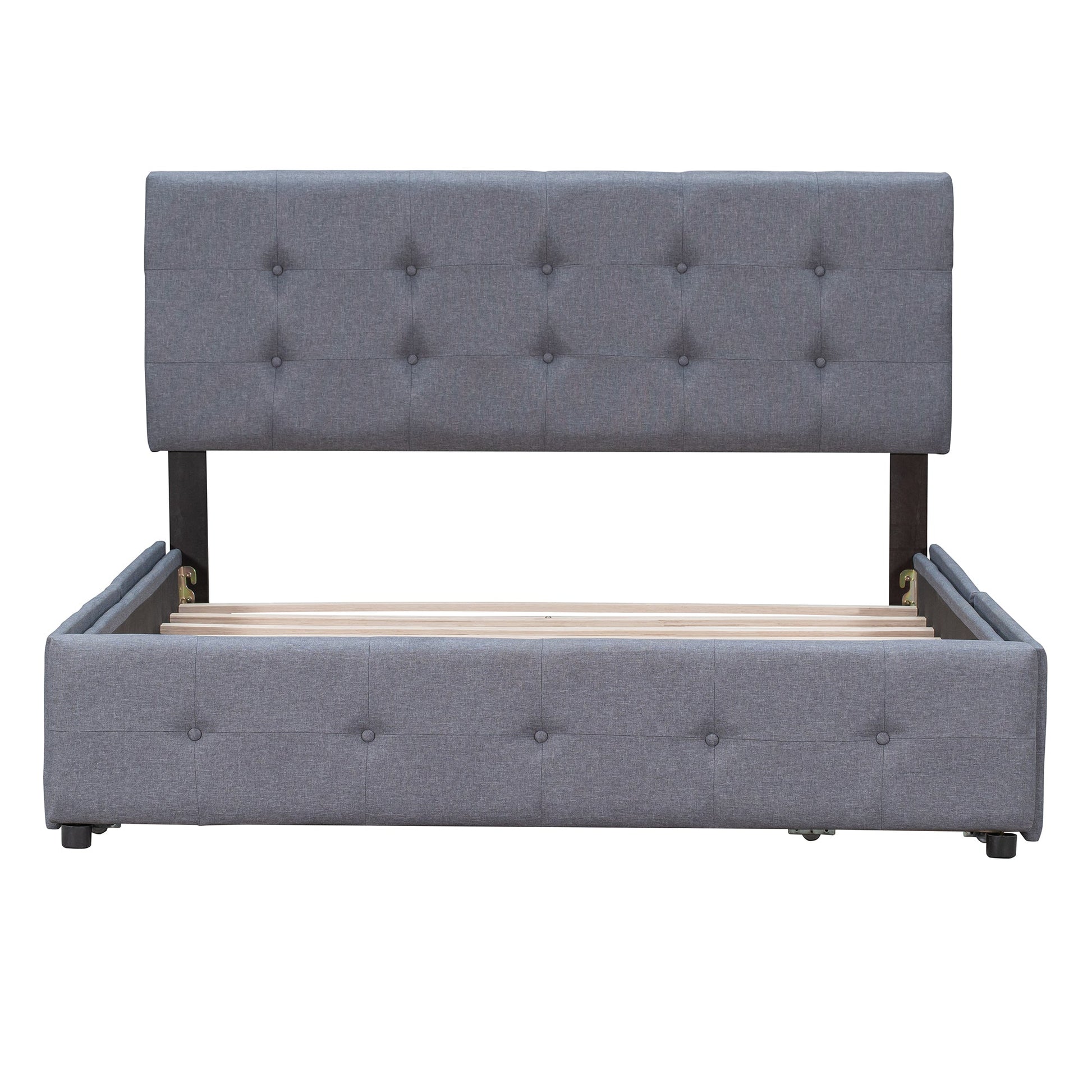 Upholstered Platform Bed with Classic Headboard and 4 Drawers No Box Spring Needed Linen Fabric Queen Size Dark gray - Korvel