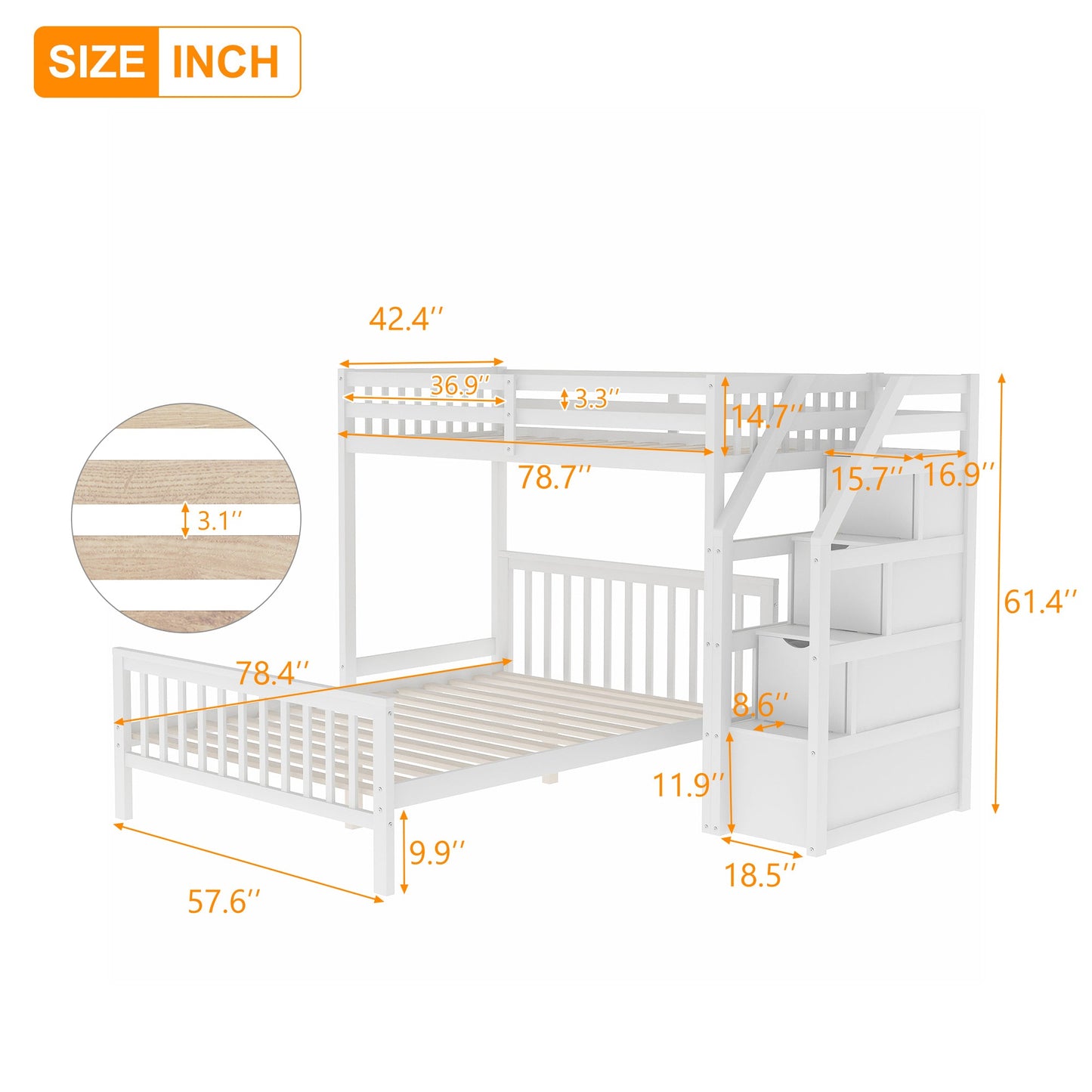 Twin over Full Loft Bed with Staircase,White - Korvel