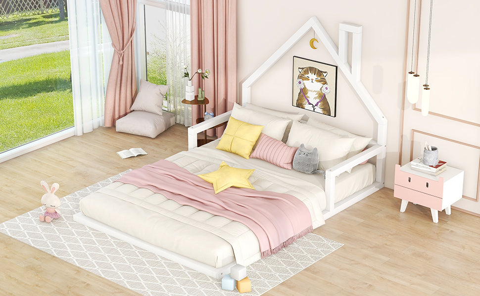 Full Size Wood Floor Bed with House-shaped Headboard  White - Korvel