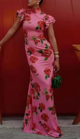 Vestido de Manga Abullonada con Botones y Cuello Alto de Flores