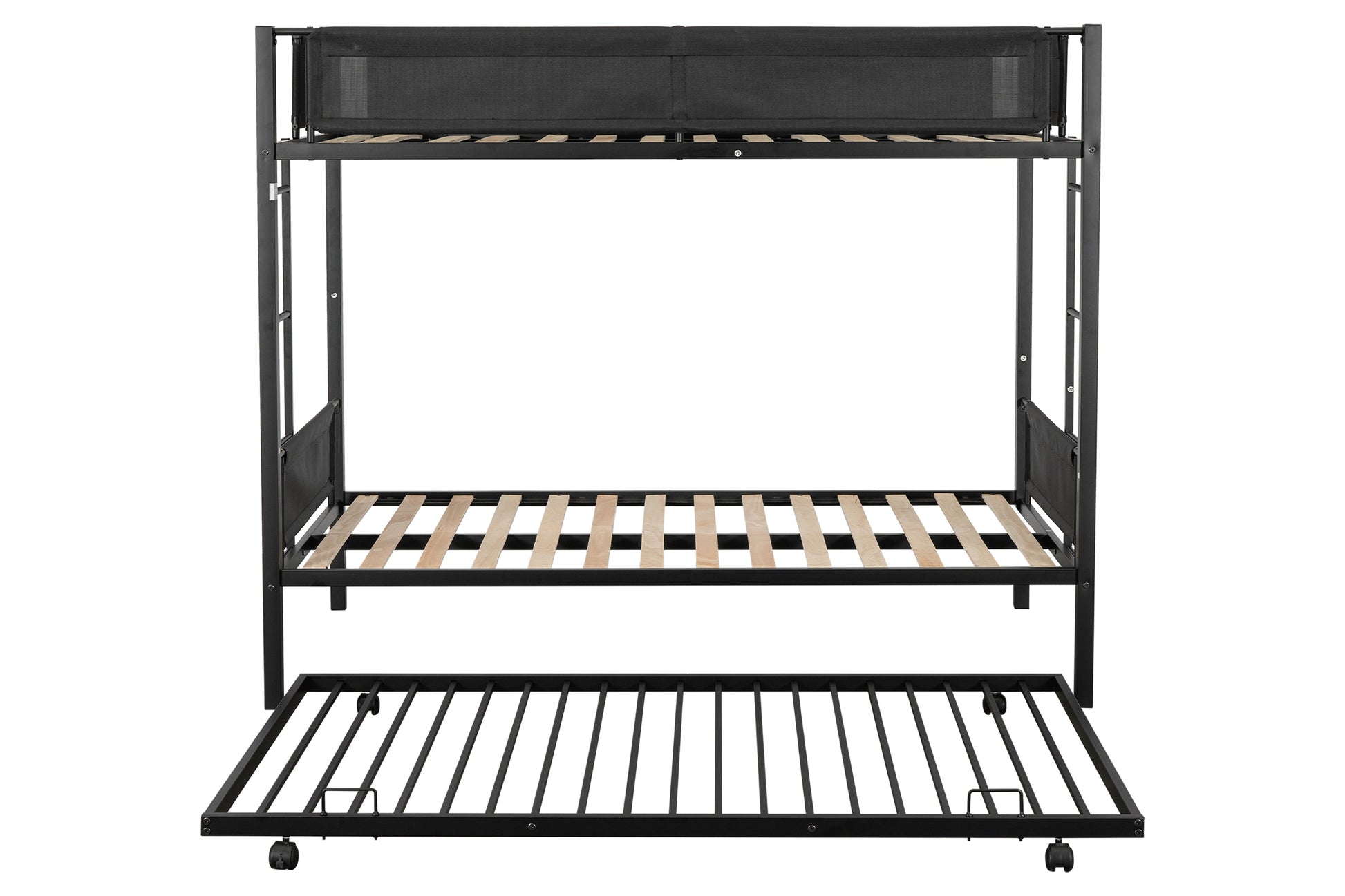 Metal double bed with casters/sturdy frame/no noise/comfortable guardrail/2 side ladders/no need for spring box - Korvel