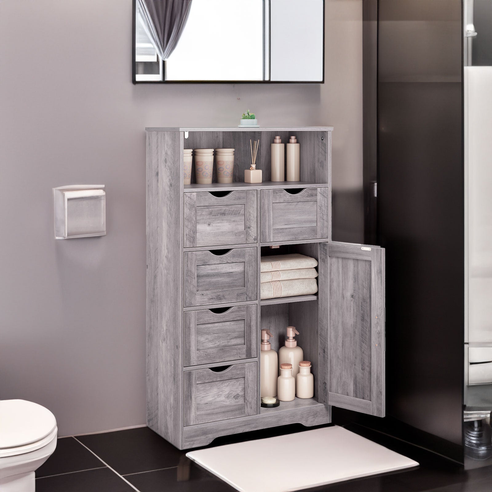 5 Drawers Storage Cabinet with Adjustable Shelves, Bathroom Cabinet with Doors, Floor Cabinet for Living Room Grey - Korvel