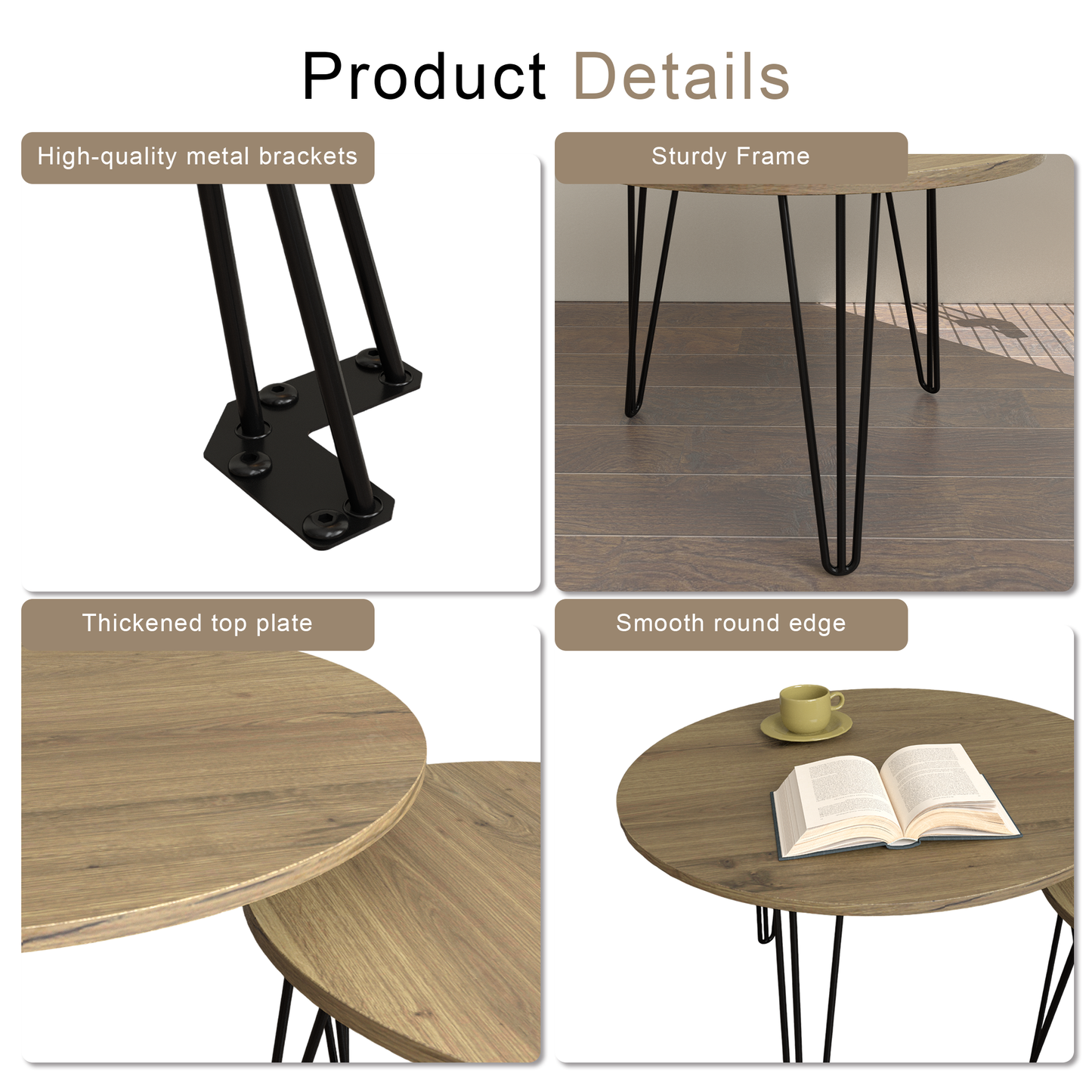 27.56'' Round Nesting Coffee Table Set of 2, Circular Nesting End Table Set  Sturdy Metal Base for Living Room, bedroom, Brown - Korvel