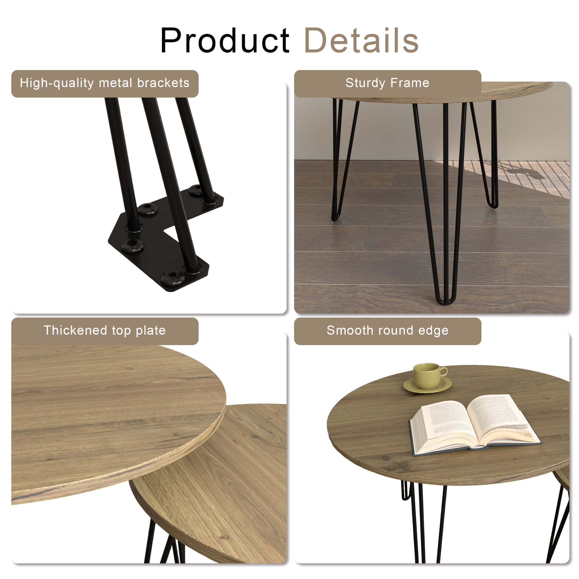 27.56'' Round Nesting Coffee Table Set of 2, Circular Nesting End Table Set  Sturdy Metal Base for Living Room, bedroom, Brown - Korvel