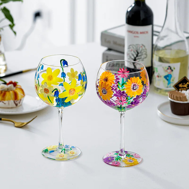Nordic Colored Glass Wine Glasses Creative Hand-Painted Flowers Wine Glass Household Painted Goblet Crystal Champagne Drinkware - Korvel