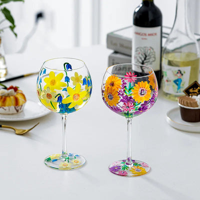 Nordic Colored Glass Wine Glasses Creative Hand-Painted Flowers Wine Glass Household Painted Goblet Crystal Champagne Drinkware - Korvel