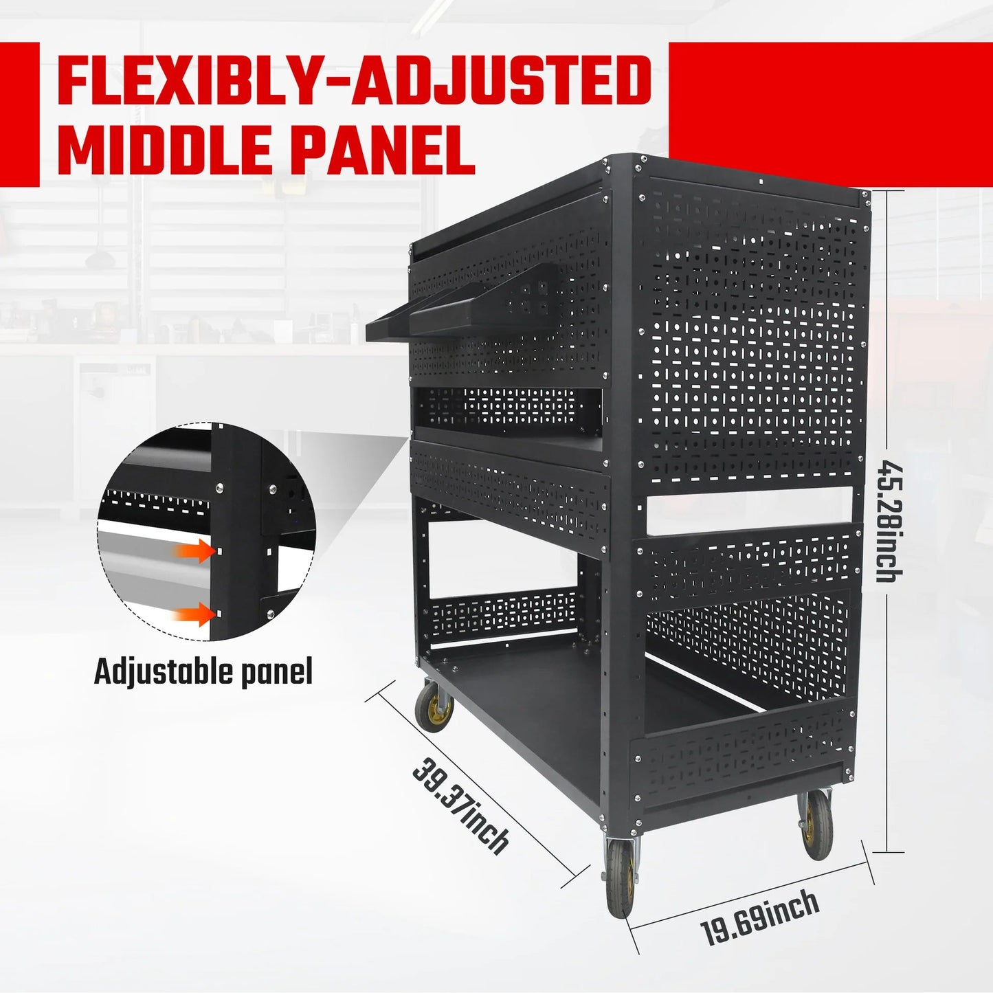 3-Tier Adjustable Rolling Tool Cart | Garage & Workshop Organizer w/ Steel Pegboard - Korvel
