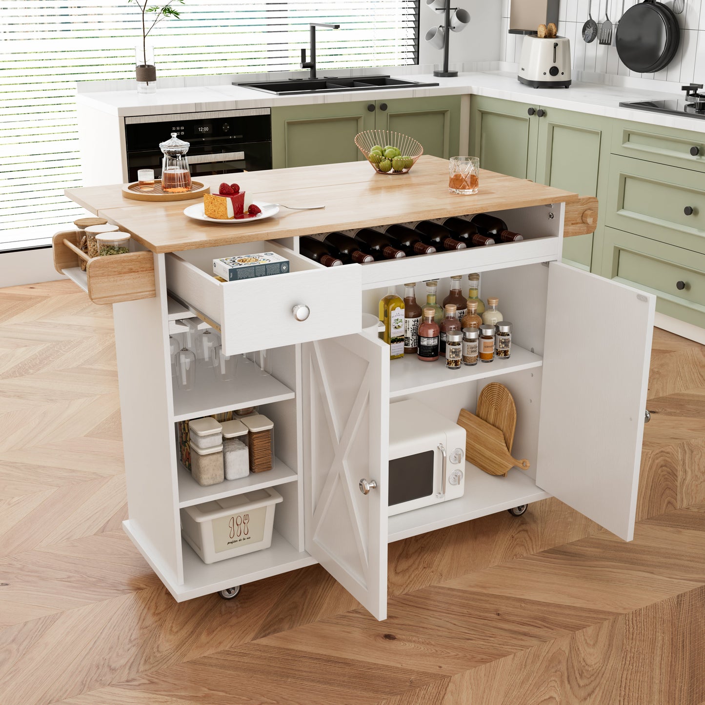 44 Inch Kitchen Island Cart with Solid Wood Top, Wine Storage, Spice Rack, Towel Rack, Wine Glass Holder White & Oak - Korvel