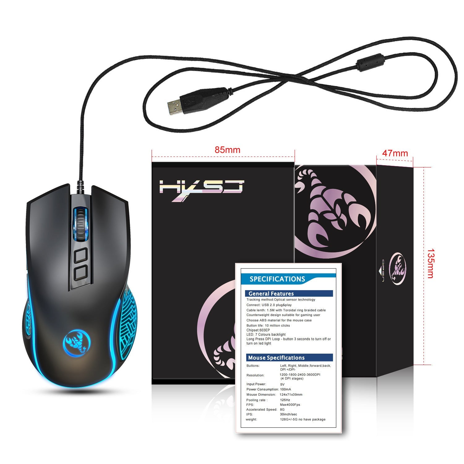 X100 wired gaming mouse with colorful glowing e-sports office mouse adjustable 3600dpi - Korvel