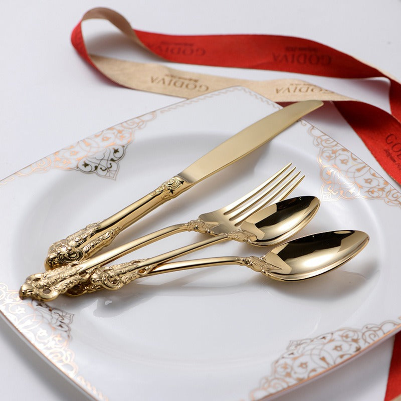 Stainless steel carved steak knife and fork, gold-plated palace Western restaurant knife, fork, spoon, Western tableware set of - Korvel