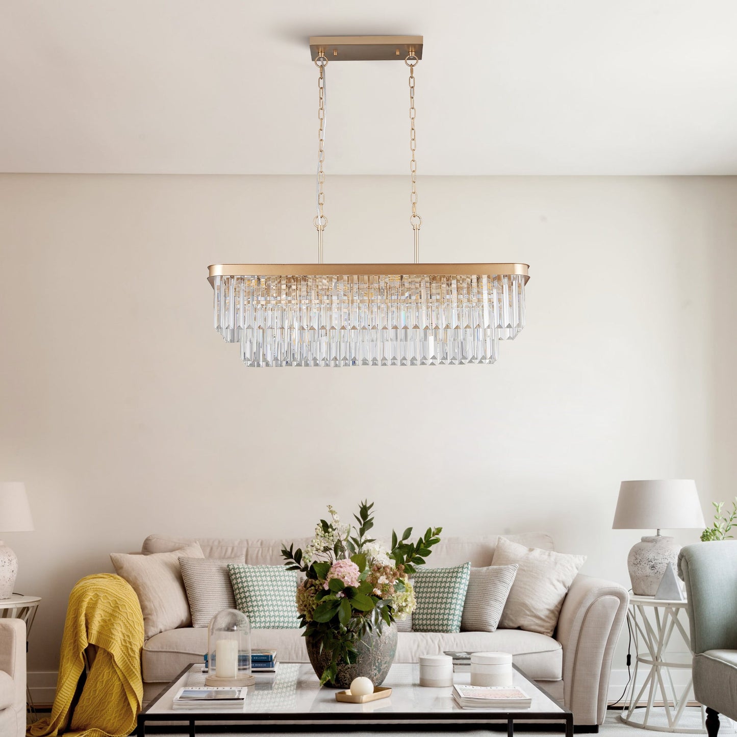 Chandeliers,Rectangular Crystal Chandelier Adjustable,E12 Modern Industrial Crystal Lights (Bulb Not Included) - Korvel