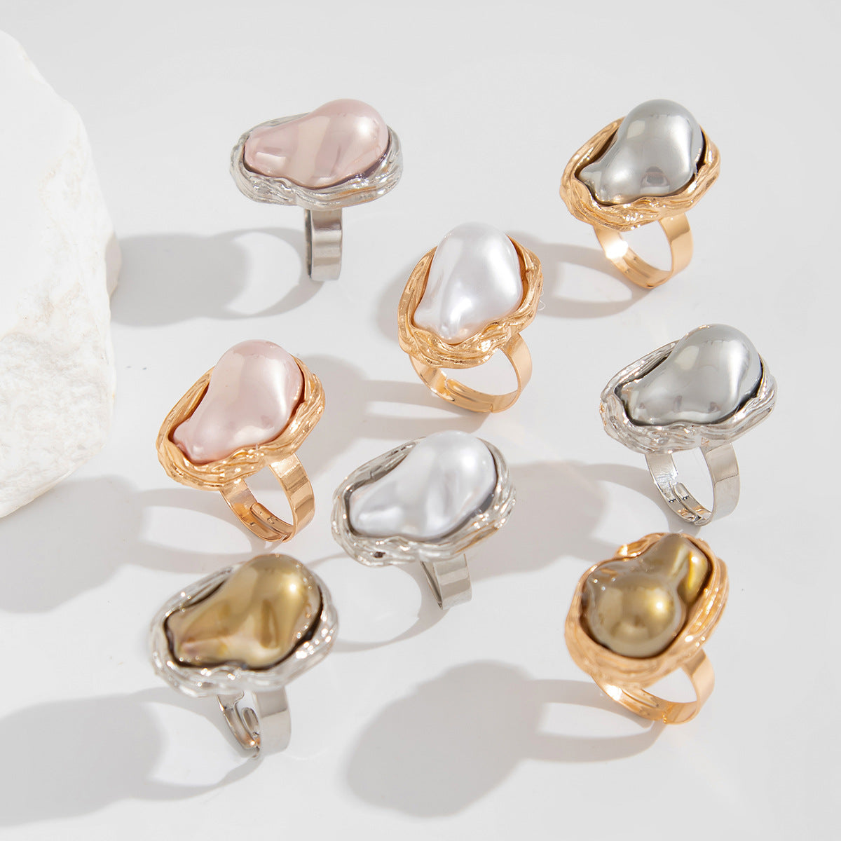 Baroque Irregular Pearl Inlaid Alloy Rings