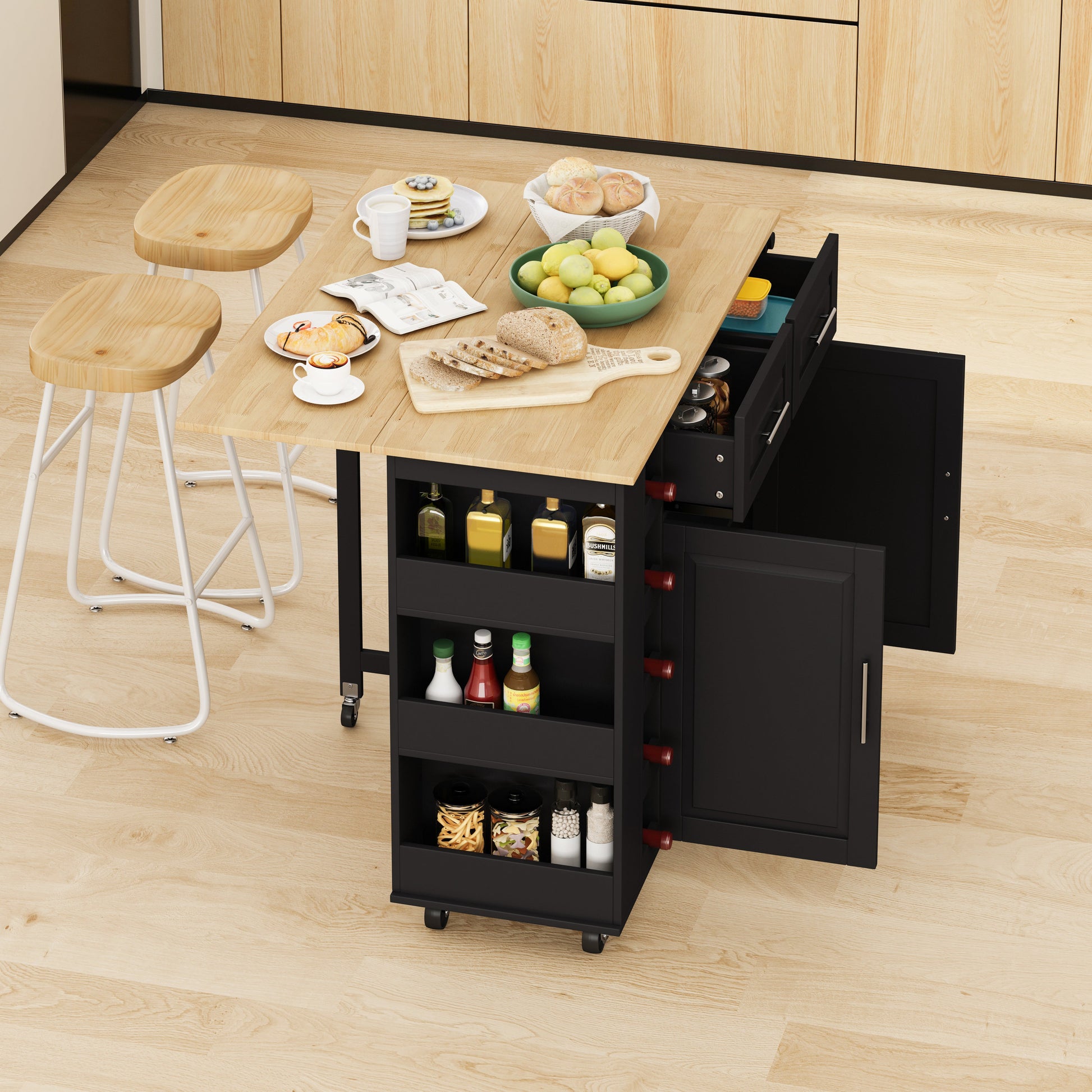 Multi-Functional Kitchen Island Cart with 2 Door Cabinet and Two Drawers,Spice Rack, Towel Holder, Wine Rack, and Foldable Rubberwood Table Top (Black) - Korvel