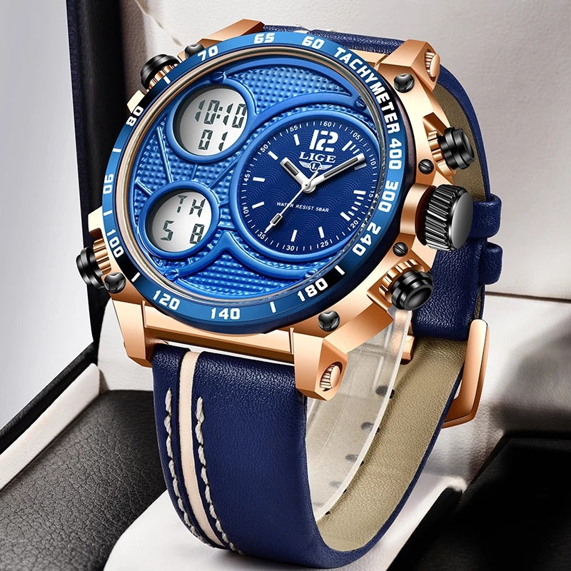 Lige Business Electronic Watch Dual Display Multi Function Low Cost Watch Men's Sports Waterproof Watch - Korvel