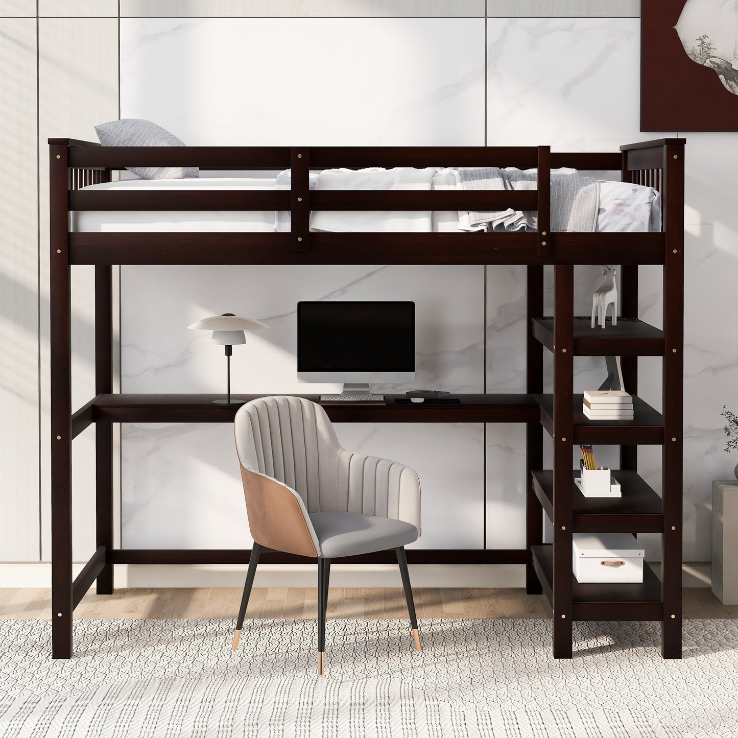 Twin Size Loft Bed with Storage Shelves and Under-bed Desk - Espresso