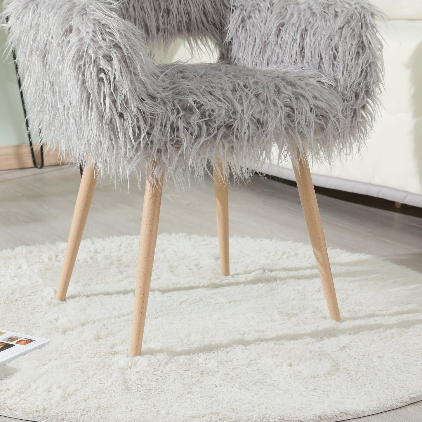 GREY Faux Fur Upholstered Make up chair Side Dining Chair with Metal Leg(GREY+Beech Metal Leg) - Korvel