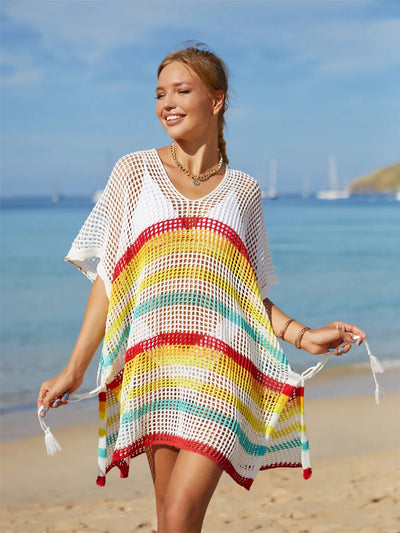 Cutout Striped Cover-Up with Tassel - Korvel