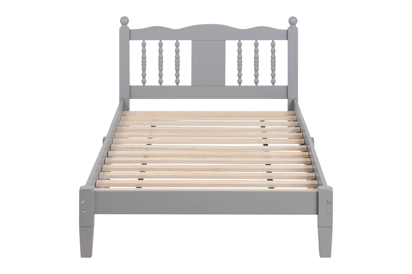 Twin Bed with Column-Decoration Headboard, with Bed Slats,Grey - Korvel