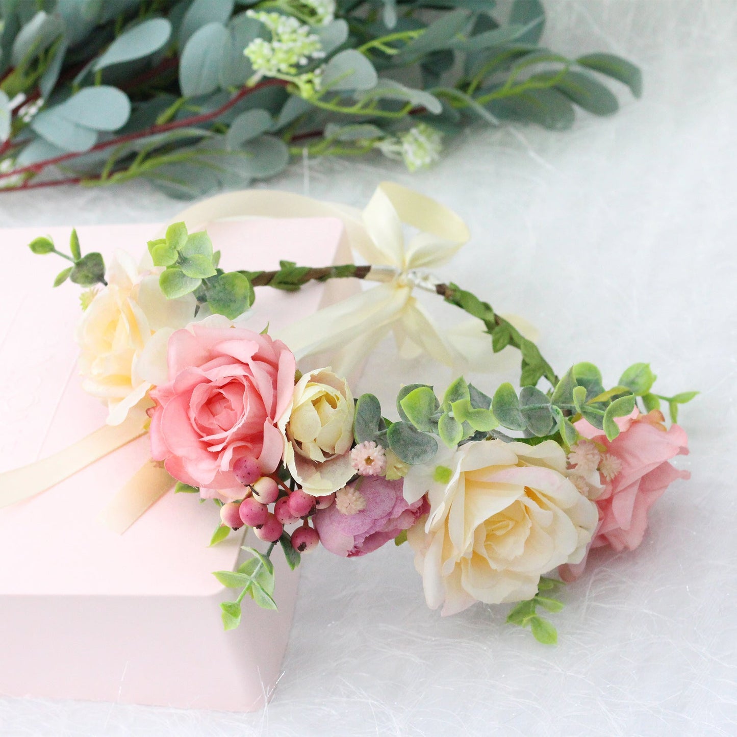 Spring and summer flower garland headwear simulation rose crown water grass headband bride travel photography hair accessories - Korvel